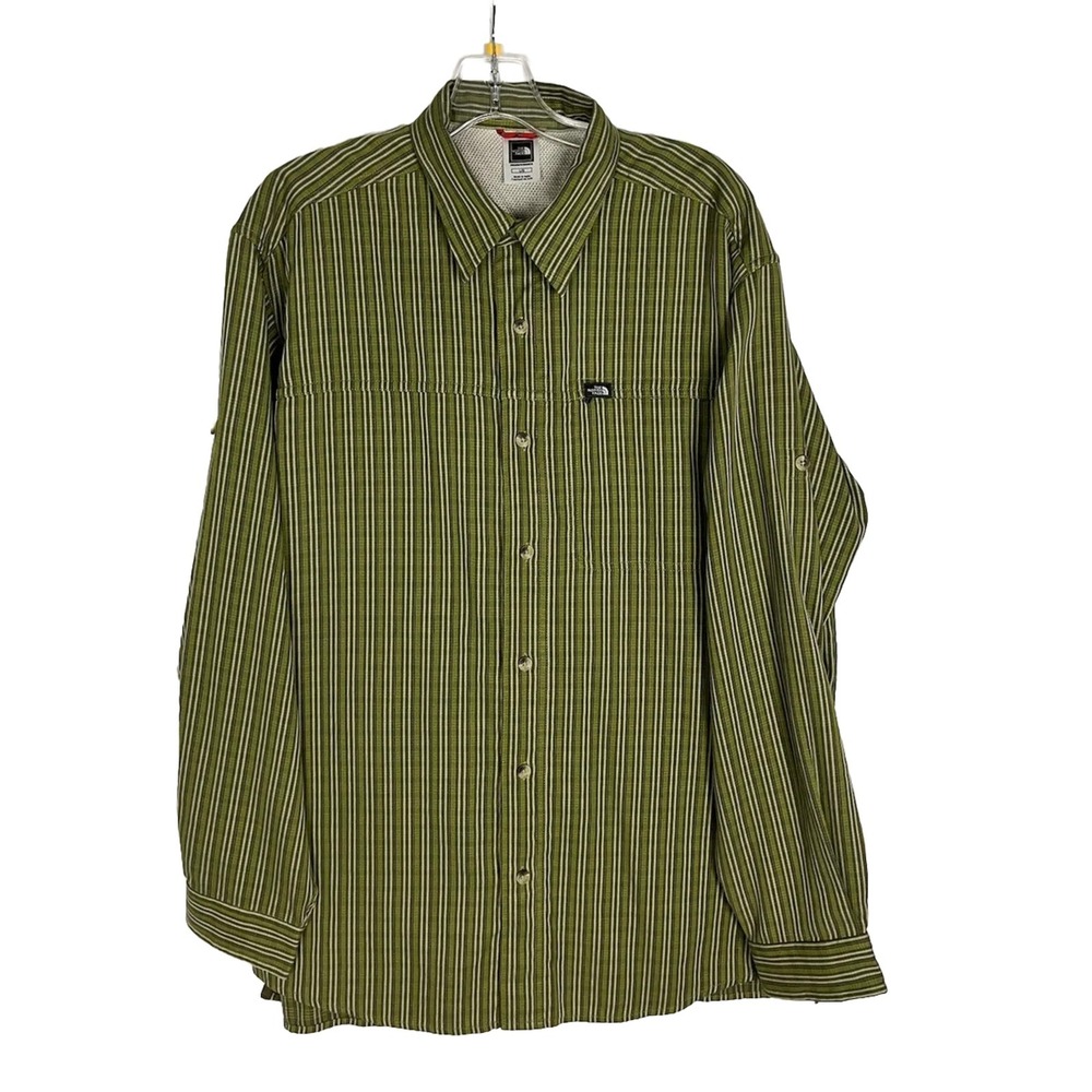 The North Face Shirt Hiking Outdoor Vented Rear Striped Men's L Roll Tab Sleeve